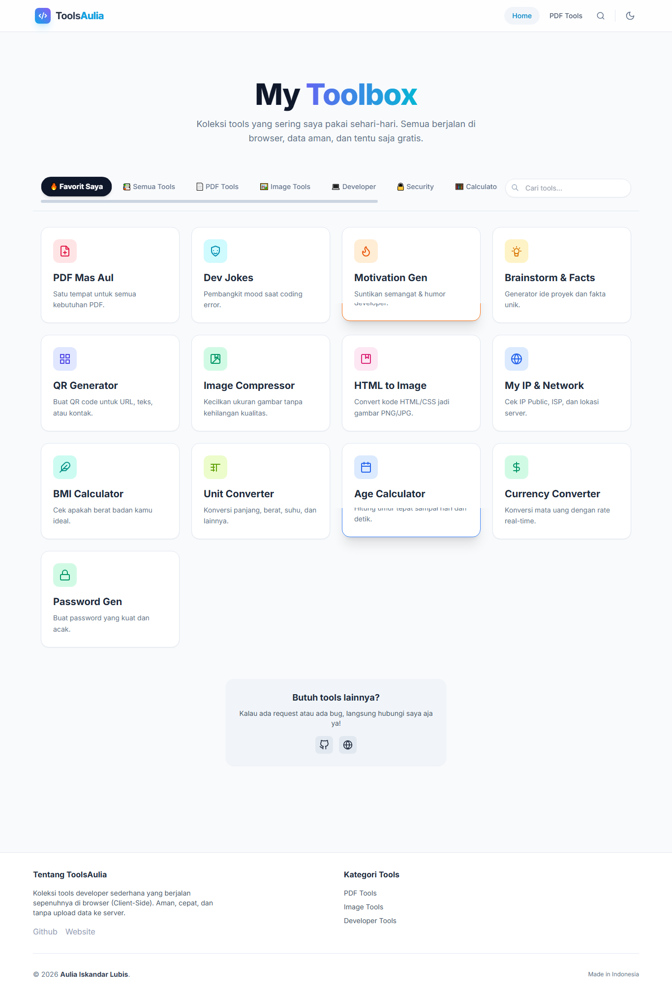 Preview proyek ToolsAulia – All-in-One Browser Utility Tools